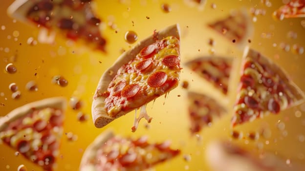 Dynamic poster showcasing floating pizza slices in a kinetic layout