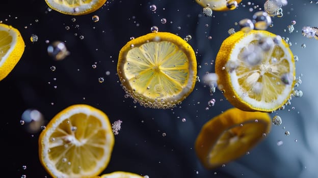 Elegant poster featuring floating lemon slices against a dark background