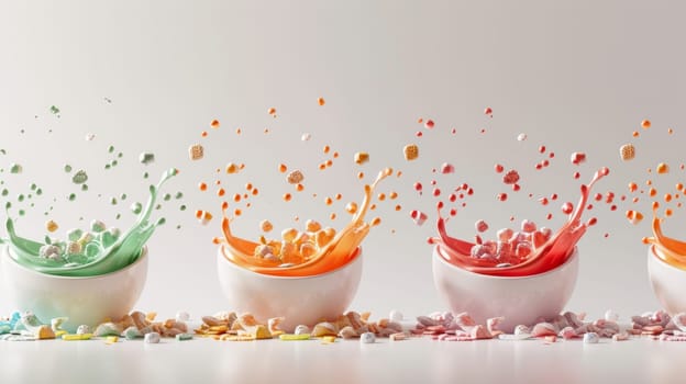 Elegant silhouette of floating bowls of colorful cereal with milk splashes