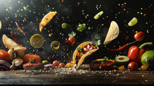 Dynamic copy space featuring levitating taco ingredients and space for Mexican restaurant branding
