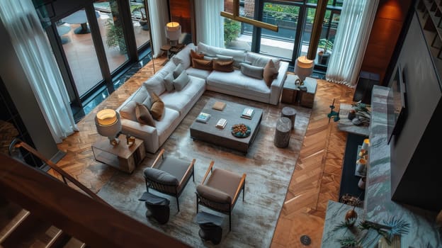 Drone view providing a panoramic view of interior decor elements