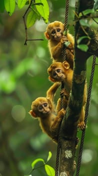 Energetic baby monkeys swinging from tree to tree in dense rainforests, their high-pitched cries echoing through the canopy