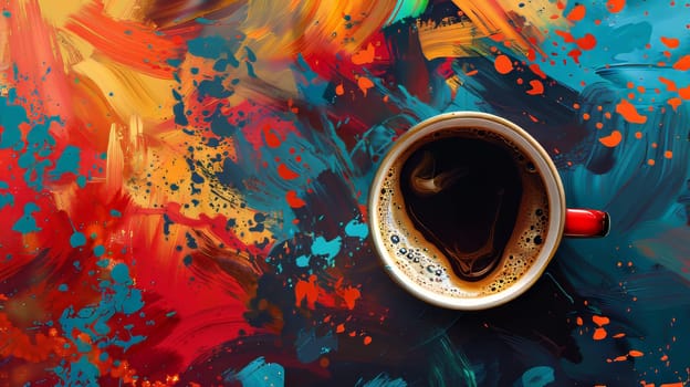 Expressive abstract background featuring bold brushstrokes and vibrant colors surrounding a cup of hot coffee