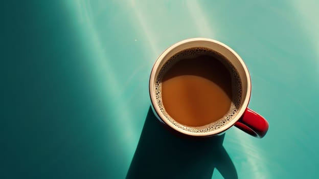 A red coffee cup with a brown liquid in it sits on a blue surface. The cup is half full, and the liquid appears to be a dark brown color. Concept of relaxation and comfort