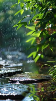 Gentle raindrops create a soothing atmosphere for meditation