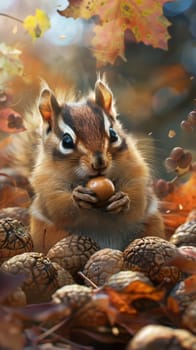 Furry baby chipmunks gathering acorns for winter in their cheek pouches