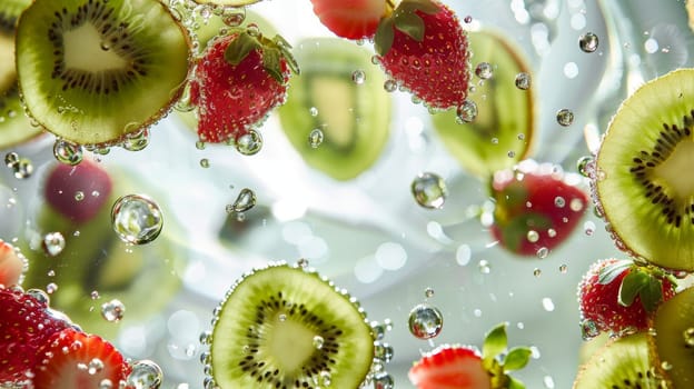 Floating slices of kiwi and strawberry in a colorful arrangement