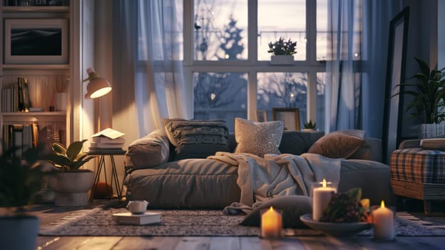 Inspirational poster design presenting cozy and comfortable interior decor setups for relaxed living