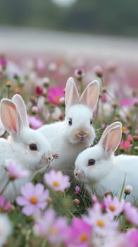 Fluffy baby rabbits hopping through fields of blooming flowers, their ears twitching with every movement