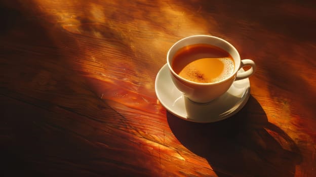 A white coffee cup with a saucer sits on a wooden table. The cup is filled with a dark liquid, and the table is illuminated by sunlight