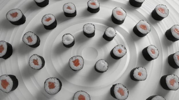 Geometric arrangement of spinning sushi rolls in a geometric pattern