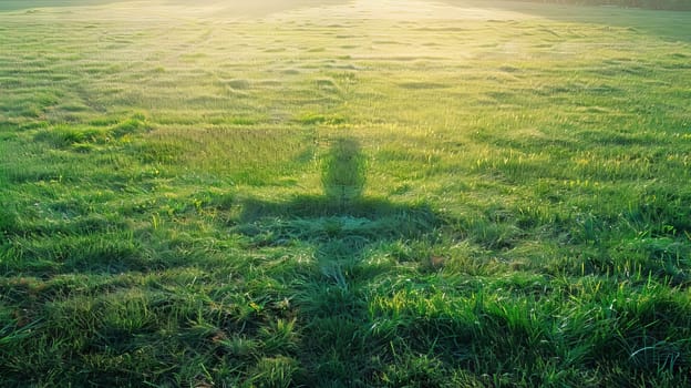 Large copy space adjacent to an image of a cross-shaped shadow on a grassy field at sunrise