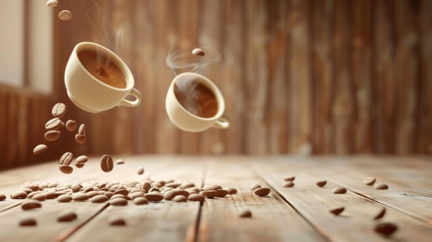 Inviting composition with floating coffee cups and room for cafe promotions
