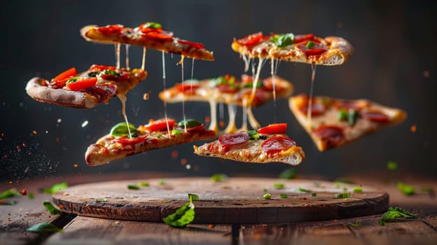 Levitating slices of pizza creating an enticing visual