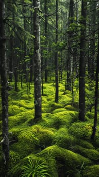 Lush spruce forests carpeted in emerald moss