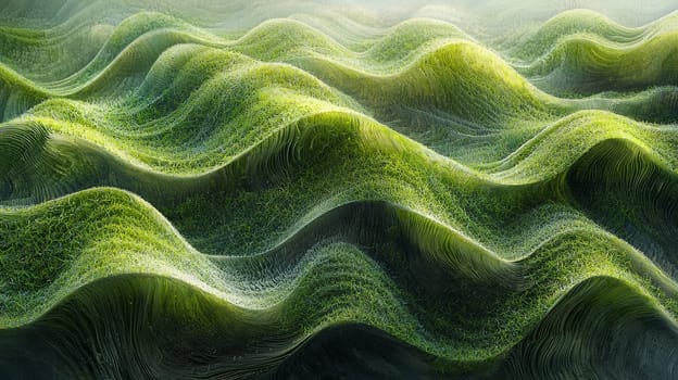A hyper-detailed, high-contrast 3D rendering of abstract grass waves in green and gray tones. The symmetrical pattern of vertical lines mimics grass swaying gently in the breeze, evoking themes of growth and renewal, perfect for spring-inspired design projects or contemporary artwork.