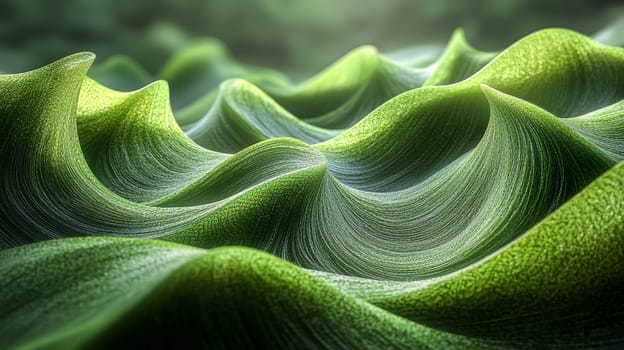 A hyper-detailed, high-contrast 3D rendering of abstract grass waves in green and gray tones. The symmetrical pattern of vertical lines mimics grass swaying gently in the breeze, evoking themes of growth and renewal, perfect for spring-inspired design projects or contemporary artwork.