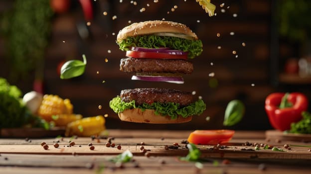 Levitating burger ingredients creating a mouthwatering display