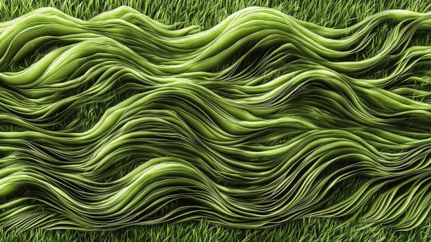 A hyper-detailed, high-contrast 3D rendering of abstract grass waves in green and gray tones. The symmetrical pattern of vertical lines mimics grass swaying gently in the breeze, evoking themes of growth and renewal, perfect for spring-inspired design projects or contemporary artwork.