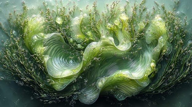 A hyper-detailed, high-contrast 3D rendering of abstract grass waves in green and gray tones. The symmetrical pattern of vertical lines mimics grass swaying gently in the breeze, evoking themes of growth and renewal, perfect for spring-inspired design projects or contemporary artwork.