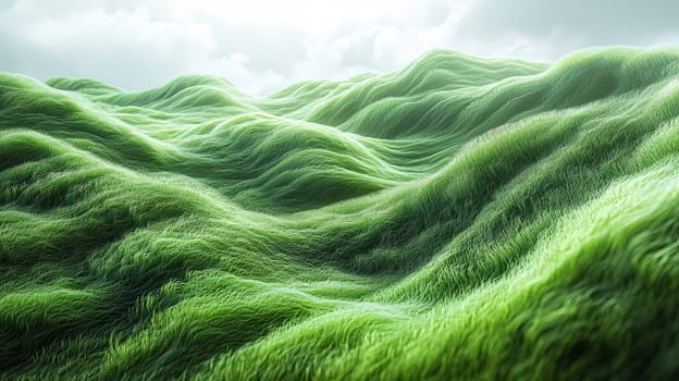 A hyper-detailed, high-contrast 3D rendering of abstract grass waves in green and gray tones. The symmetrical pattern of vertical lines mimics grass swaying gently in the breeze, evoking themes of growth and renewal, perfect for spring-inspired design projects or contemporary artwork.