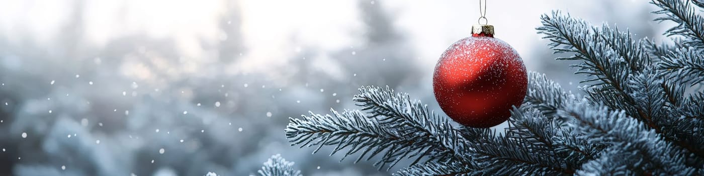 A high-quality, close-up advertising photo featuring a large, clean red ornament hanging on a fluffy green branch of a live Christmas tree. The white background emphasizes the vibrant red of the ball and the natural texture of the branch, creating a minimalist, festive look perfect for holiday designs and ads.