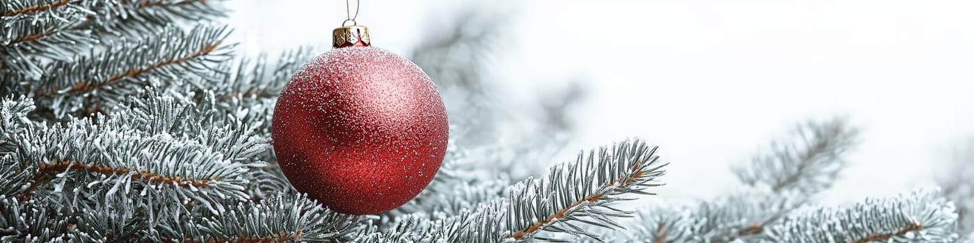 A high-quality, close-up advertising photo featuring a large, clean red ornament hanging on a fluffy green branch of a live Christmas tree. The white background emphasizes the vibrant red of the ball and the natural texture of the branch, creating a minimalist, festive look perfect for holiday designs and ads.