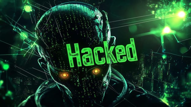 A dark, intense banner featuring an ominous shadow with puppet-like strings controlling the word "Hacked"" in bold, dark green coded lettering. The black and green algorithm background adds a digital, encrypted feel, emphasizing themes of cybersecurity and data breach."