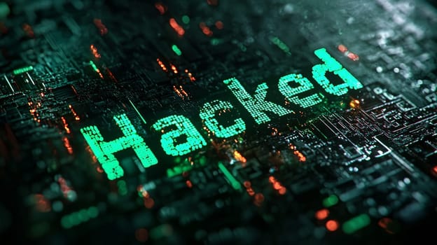 A dark, intense banner featuring an ominous shadow with puppet-like strings controlling the word "Hacked"" in bold, dark green coded lettering. The black and green algorithm background adds a digital, encrypted feel, emphasizing themes of cybersecurity and data breach."