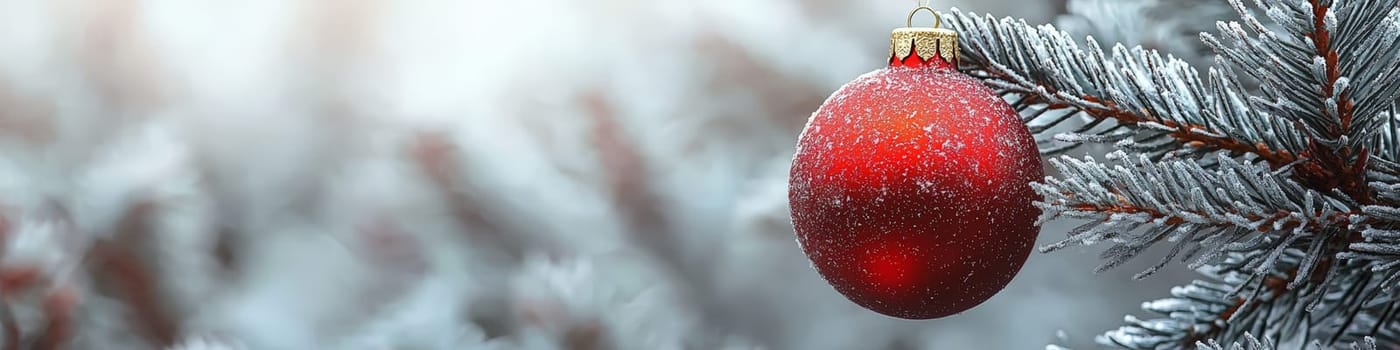 A high-quality, close-up advertising photo featuring a large, clean red ornament hanging on a fluffy green branch of a live Christmas tree. The white background emphasizes the vibrant red of the ball and the natural texture of the branch, creating a minimalist, festive look perfect for holiday designs and ads.