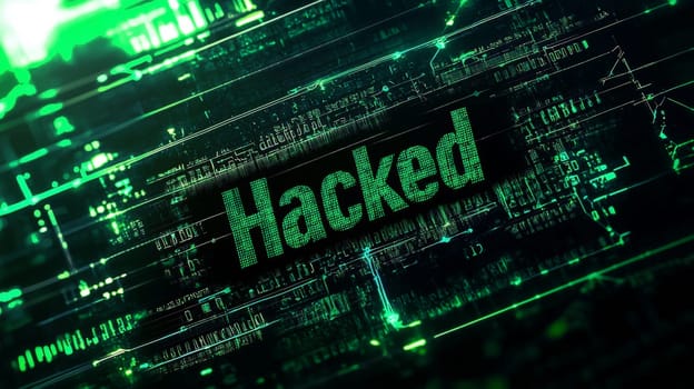 A dark, intense banner featuring an ominous shadow with puppet-like strings controlling the word "Hacked"" in bold, dark green coded lettering. The black and green algorithm background adds a digital, encrypted feel, emphasizing themes of cybersecurity and data breach."