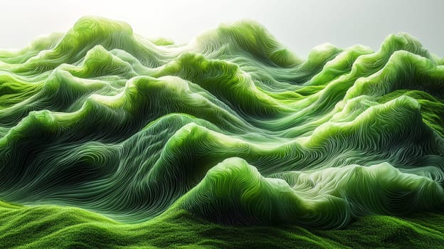A hyper-detailed, high-contrast 3D rendering of abstract grass waves in green and gray tones. The symmetrical pattern of vertical lines mimics grass swaying gently in the breeze, evoking themes of growth and renewal, perfect for spring-inspired design projects or contemporary artwork.