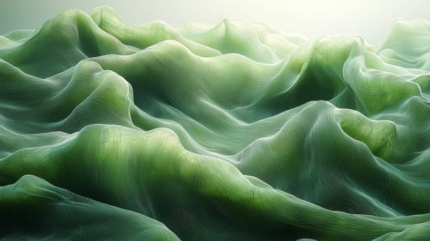 A hyper-detailed, high-contrast 3D rendering of abstract grass waves in green and gray tones. The symmetrical pattern of vertical lines mimics grass swaying gently in the breeze, evoking themes of growth and renewal, perfect for spring-inspired design projects or contemporary artwork.