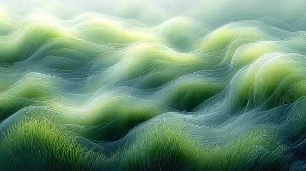 A hyper-detailed, high-contrast 3D rendering of abstract grass waves in green and gray tones. The symmetrical pattern of vertical lines mimics grass swaying gently in the breeze, evoking themes of growth and renewal, perfect for spring-inspired design projects or contemporary artwork.