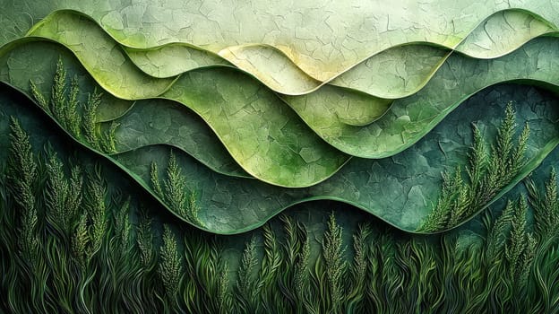 A hyper-detailed, high-contrast 3D rendering of abstract grass waves in green and gray tones. The symmetrical pattern of vertical lines mimics grass swaying gently in the breeze, evoking themes of growth and renewal, perfect for spring-inspired design projects or contemporary artwork.
