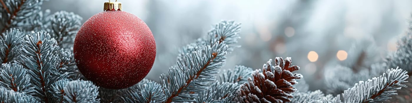 A high-quality, close-up advertising photo featuring a large, clean red ornament hanging on a fluffy green branch of a live Christmas tree. The white background emphasizes the vibrant red of the ball and the natural texture of the branch, creating a minimalist, festive look perfect for holiday designs and ads.