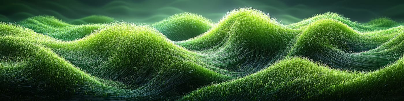 A hyper-detailed, high-contrast 3D rendering of abstract grass waves in green and gray tones. The symmetrical pattern of vertical lines mimics grass swaying gently in the breeze, evoking themes of growth and renewal, perfect for spring-inspired design projects or contemporary artwork.