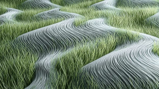 A hyper-detailed, high-contrast 3D rendering of abstract grass waves in green and gray tones. The symmetrical pattern of vertical lines mimics grass swaying gently in the breeze, evoking themes of growth and renewal, perfect for spring-inspired design projects or contemporary artwork.