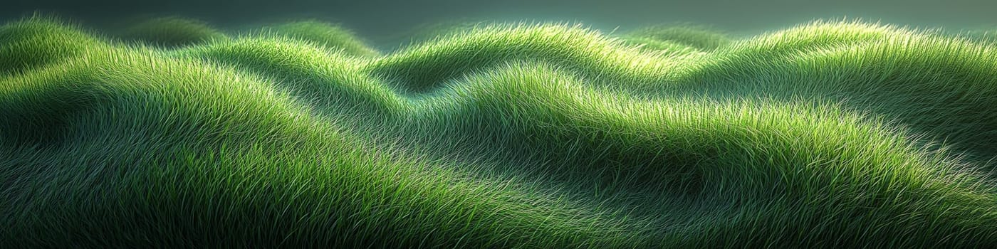 A hyper-detailed, high-contrast 3D rendering of abstract grass waves in green and gray tones. The symmetrical pattern of vertical lines mimics grass swaying gently in the breeze, evoking themes of growth and renewal, perfect for spring-inspired design projects or contemporary artwork.
