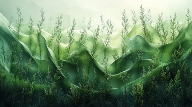 A hyper-detailed, high-contrast 3D rendering of abstract grass waves in green and gray tones. The symmetrical pattern of vertical lines mimics grass swaying gently in the breeze, evoking themes of growth and renewal, perfect for spring-inspired design projects or contemporary artwork.