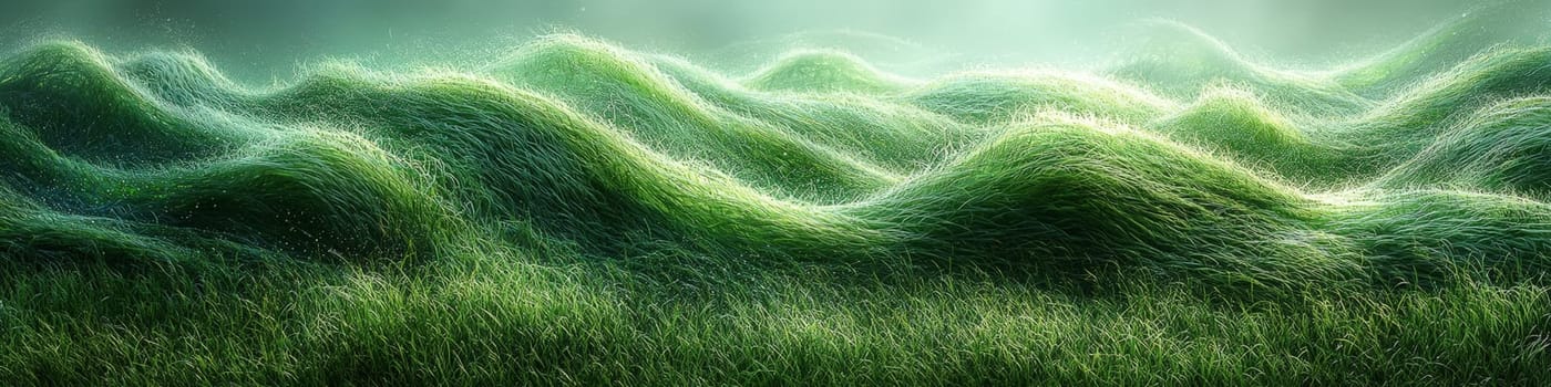 A hyper-detailed, high-contrast 3D rendering of abstract grass waves in green and gray tones. The symmetrical pattern of vertical lines mimics grass swaying gently in the breeze, evoking themes of growth and renewal, perfect for spring-inspired design projects or contemporary artwork.