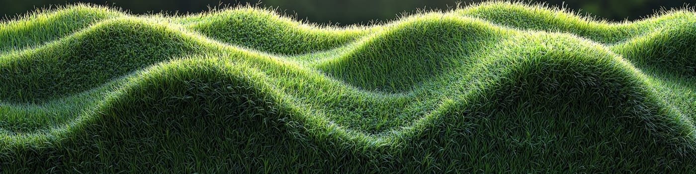 A hyper-detailed, high-contrast 3D rendering of abstract grass waves in green and gray tones. The symmetrical pattern of vertical lines mimics grass swaying gently in the breeze, evoking themes of growth and renewal, perfect for spring-inspired design projects or contemporary artwork.