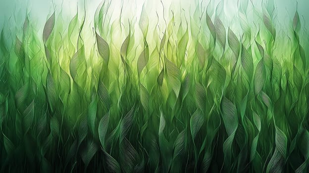 A hyper-detailed, high-contrast 3D rendering of abstract grass waves in green and gray tones. The symmetrical pattern of vertical lines mimics grass swaying gently in the breeze, evoking themes of growth and renewal, perfect for spring-inspired design projects or contemporary artwork.