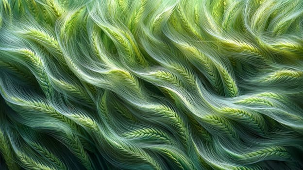 A hyper-detailed, high-contrast 3D rendering of abstract grass waves in green and gray tones. The symmetrical pattern of vertical lines mimics grass swaying gently in the breeze, evoking themes of growth and renewal, perfect for spring-inspired design projects or contemporary artwork.