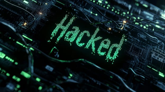 A dark, intense banner featuring an ominous shadow with puppet-like strings controlling the word "Hacked"" in bold, dark green coded lettering. The black and green algorithm background adds a digital, encrypted feel, emphasizing themes of cybersecurity and data breach."