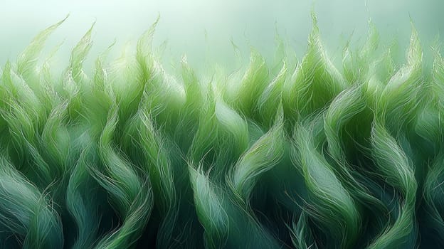 A hyper-detailed, high-contrast 3D rendering of abstract grass waves in green and gray tones. The symmetrical pattern of vertical lines mimics grass swaying gently in the breeze, evoking themes of growth and renewal, perfect for spring-inspired design projects or contemporary artwork.