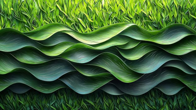 A hyper-detailed, high-contrast 3D rendering of abstract grass waves in green and gray tones. The symmetrical pattern of vertical lines mimics grass swaying gently in the breeze, evoking themes of growth and renewal, perfect for spring-inspired design projects or contemporary artwork.