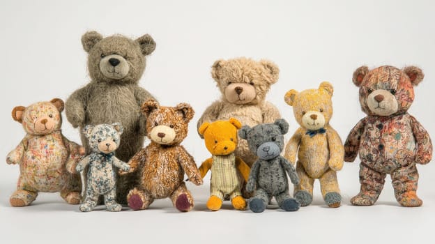 A professionally lit studio photo showcasing an assortment of teddy bears, each with unique styles ranging from antique to modern, crafted from materials like mohair and synthetic fibers. Presented on a clean white background, this image highlights the character and charm of each bear in a catalog-ready display.