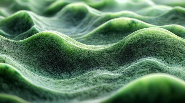 A hyper-detailed, high-contrast 3D rendering of abstract grass waves in green and gray tones. The symmetrical pattern of vertical lines mimics grass swaying gently in the breeze, evoking themes of growth and renewal, perfect for spring-inspired design projects or contemporary artwork.