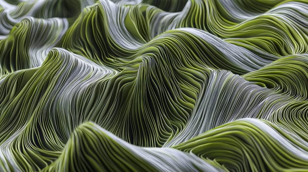A hyper-detailed, high-contrast 3D rendering of abstract grass waves in green and gray tones. The symmetrical pattern of vertical lines mimics grass swaying gently in the breeze, evoking themes of growth and renewal, perfect for spring-inspired design projects or contemporary artwork.